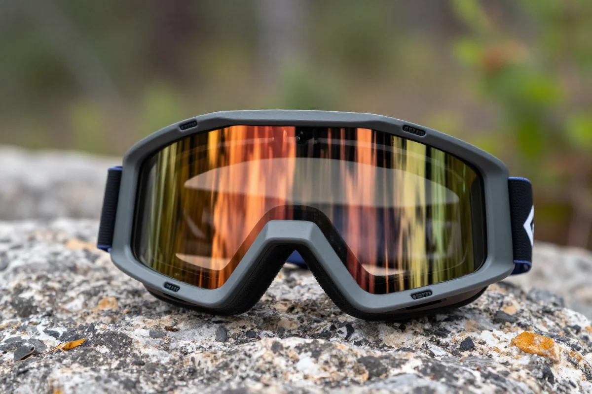 Gogle MTB na skalistej powierzchni, idealne dla jazdy gravity.