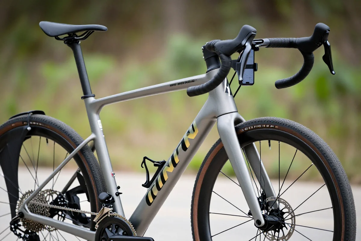 Nowoczesny rower gravelowy z uchwytem na smartfon w plenerze