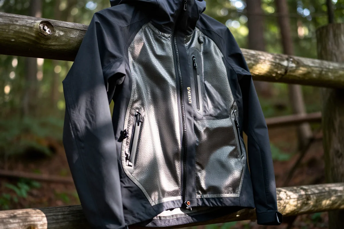 Kurtka MTB z membraną Gore-Tex i eVent na tle lasu.