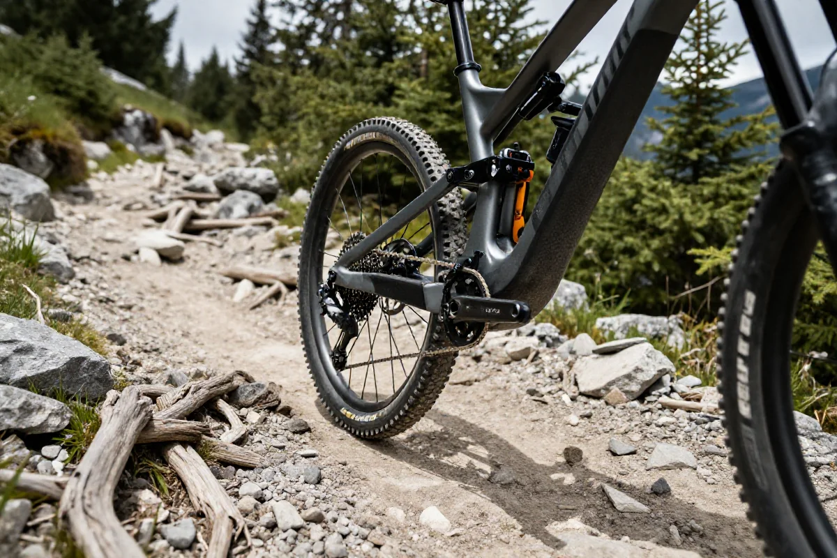 Rower górski na technicznej trasie w Górach Sowich, z widokiem na kamienisty szlak.