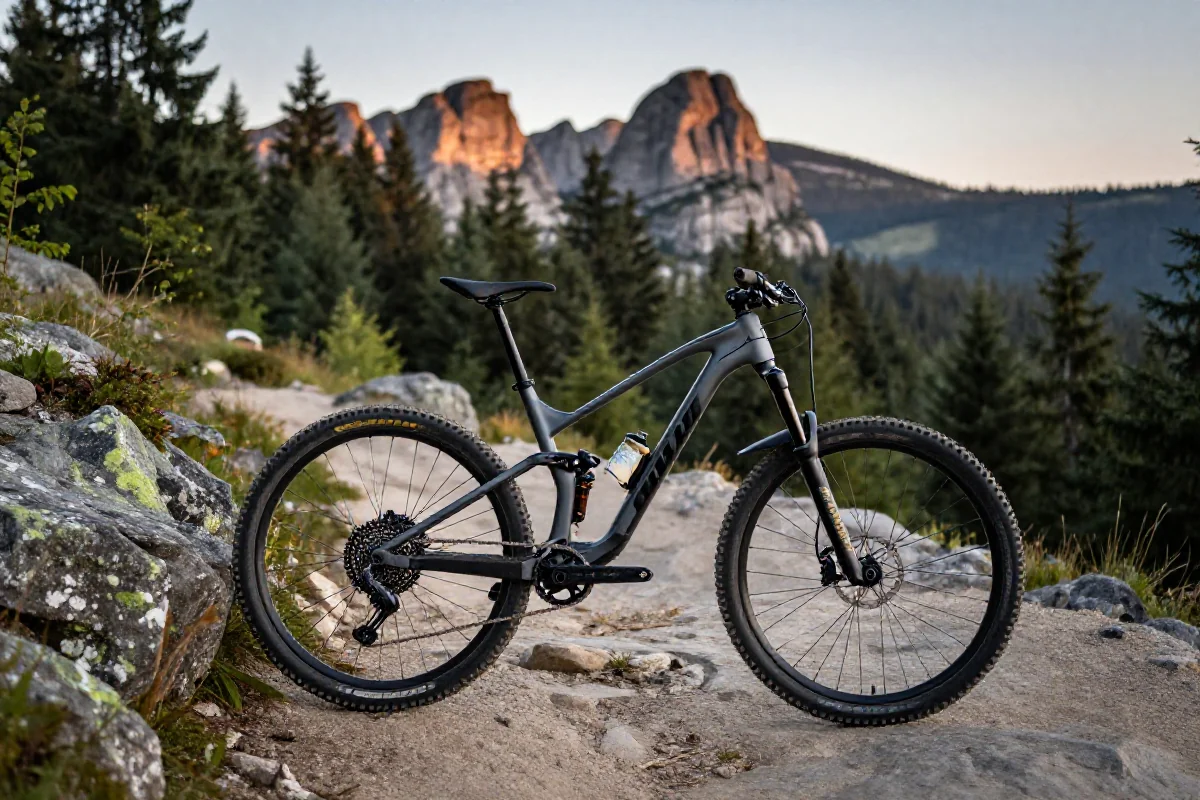 Rower górski na szlaku w Górach Stołowych, z widokiem na skały i las.