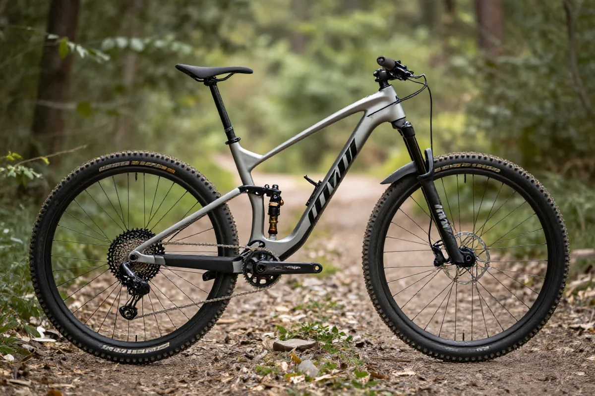 Nowoczesny rower górski MTB z wysokiej jakości komponentami w naturalnym otoczeniu.