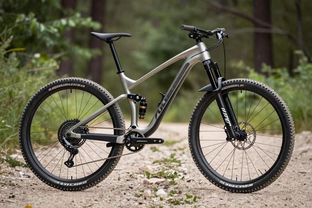 Wysokiej jakości rower górski w naturalnym otoczeniu, prezentujący komponenty MTB.