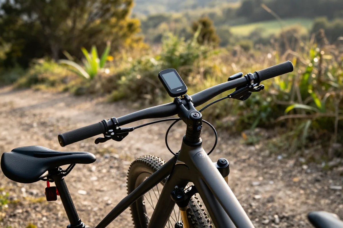 Nowoczesne urządzenie GPS na kierownicy roweru górskiego w terenie