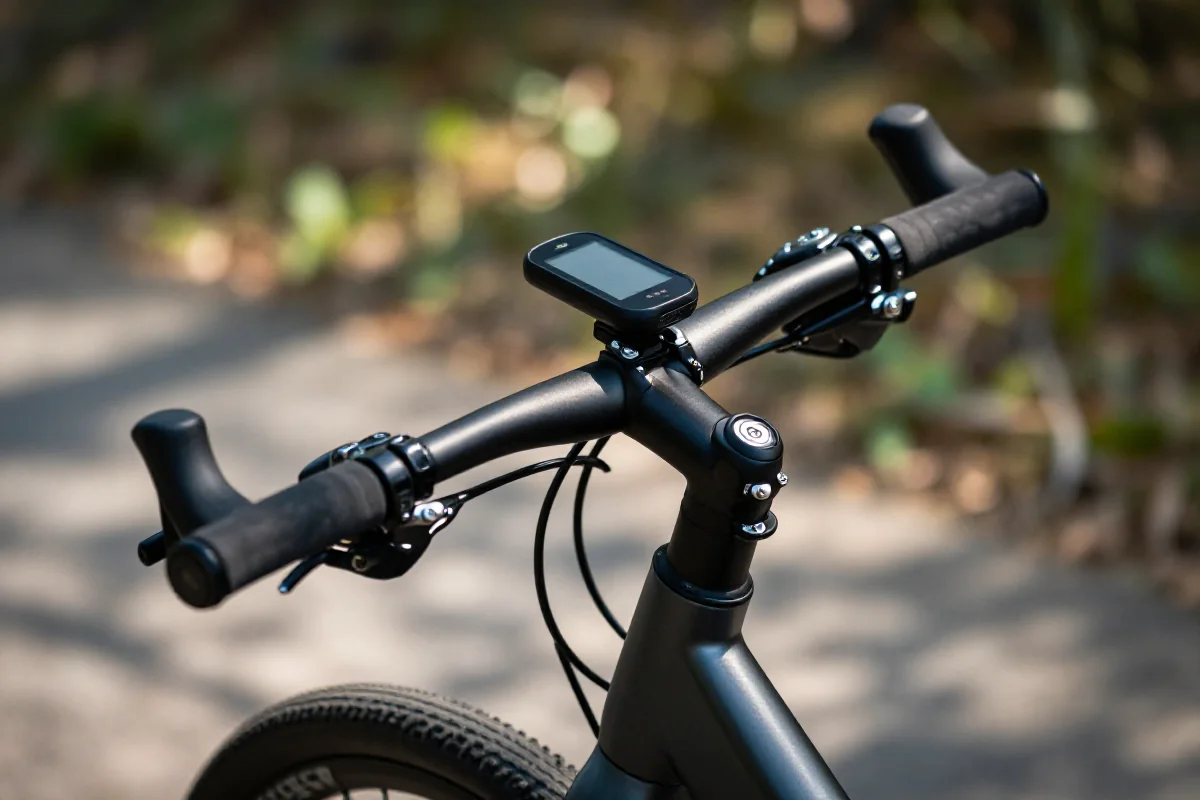 Zbliżenie na kierownicę roweru z zamontowanym urządzeniem GPS