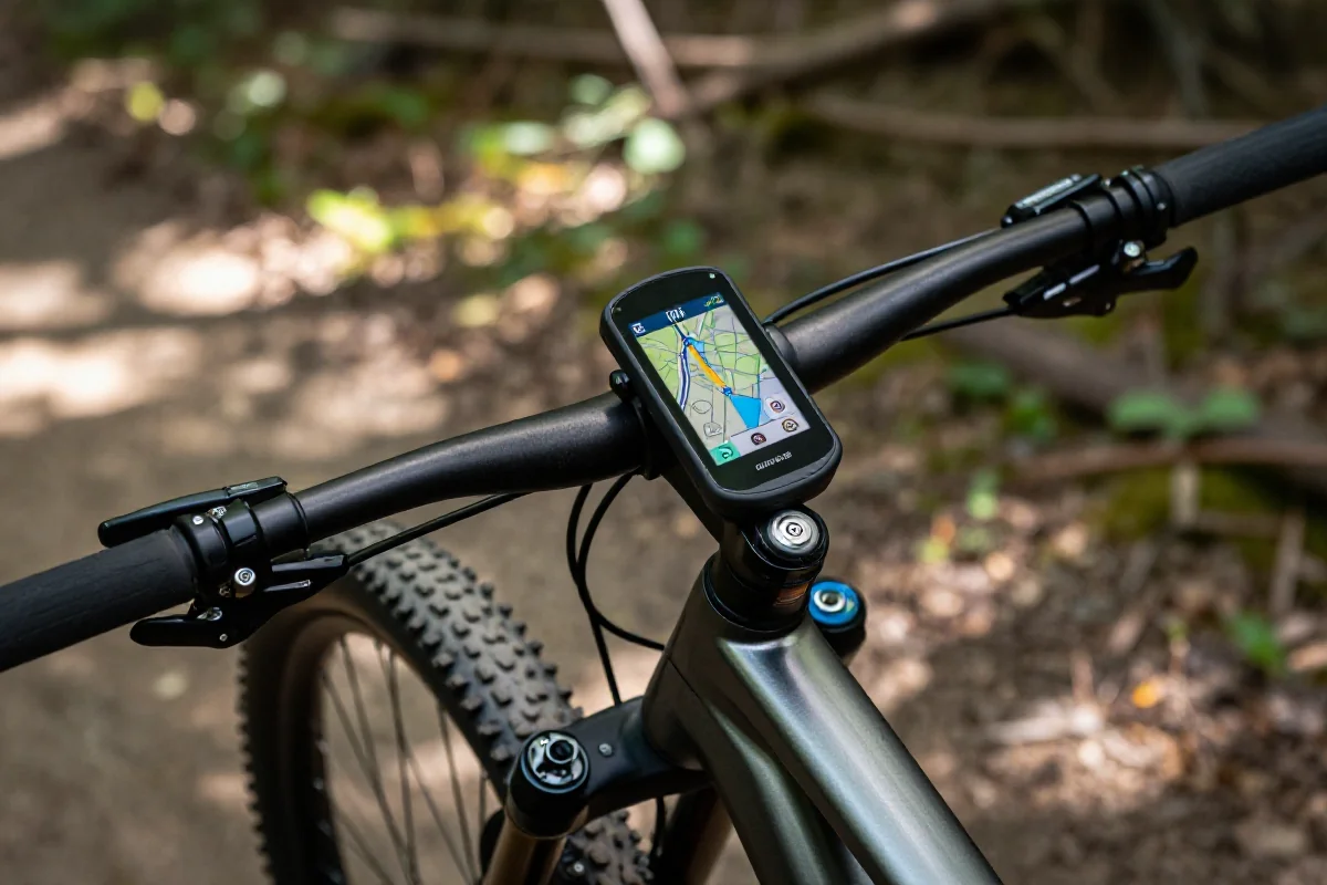 Nowoczesne urządzenie GPS na kierownicy roweru górskiego na szlaku