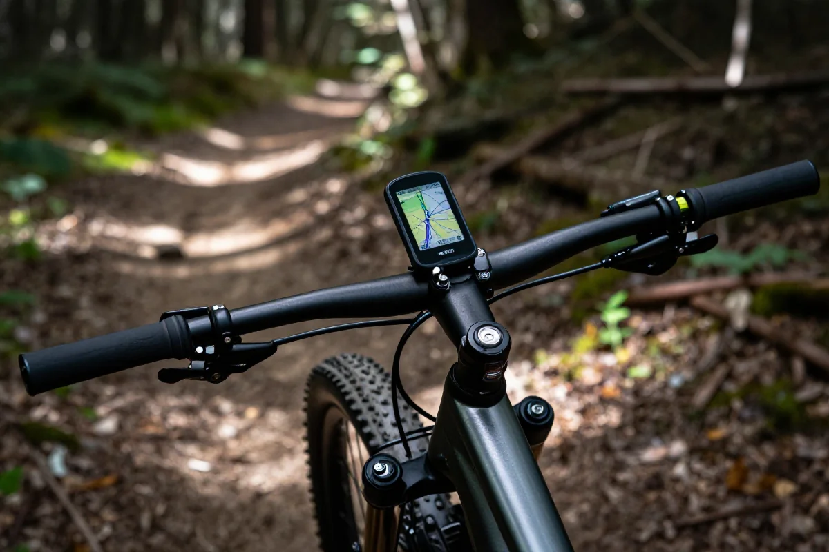 GPS nawigacyjny na kierownicy roweru górskiego na leśnym szlaku