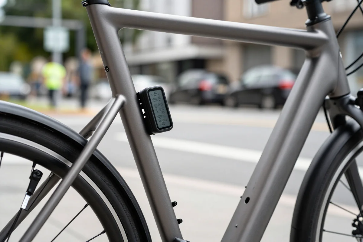 Nowoczesny rower elektryczny z zamontowanym GPS trackerem w ramie.