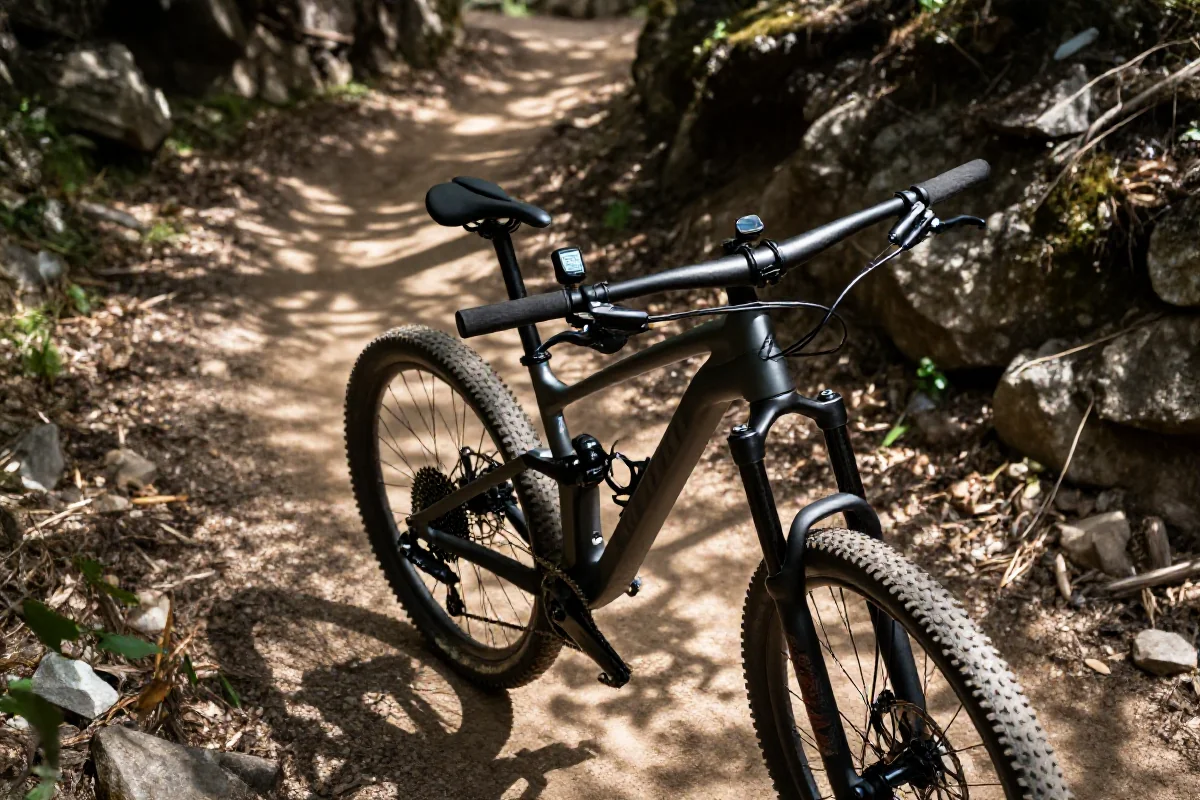 Rowerek górski z trackerem GPS na szlaku w terenie górzystym