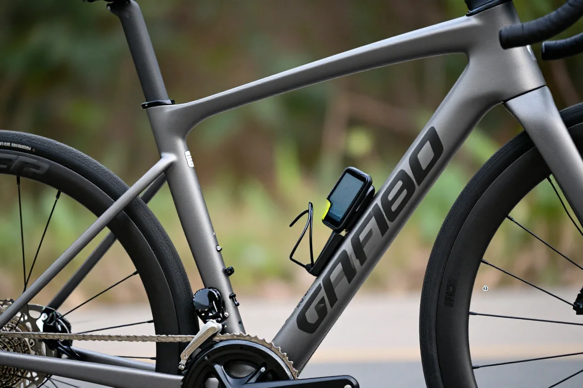 Nowoczesny rower z zintegrowanym trackerem GPS w naturalnym otoczeniu.