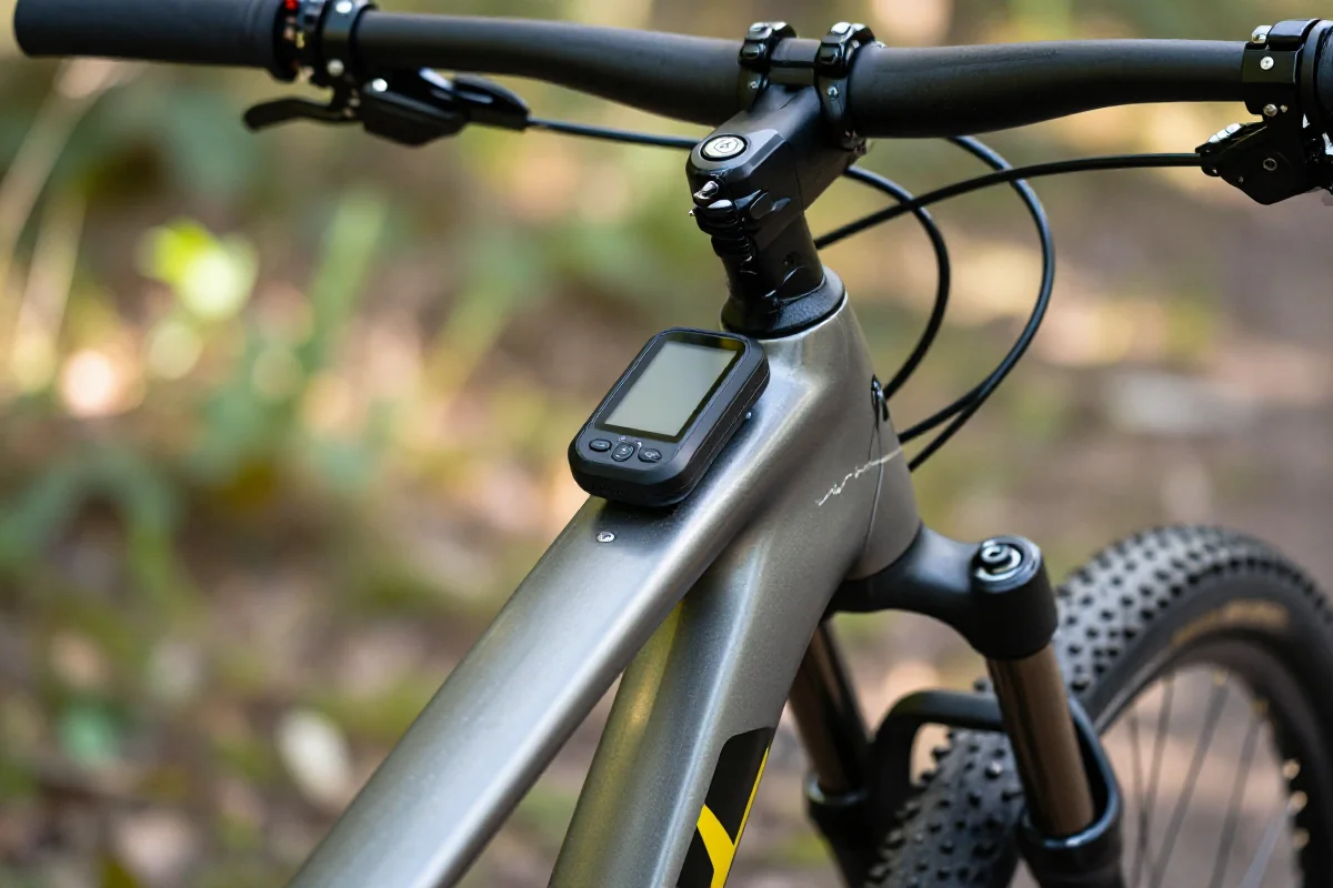 Zbliżenie na nowoczesny tracker GPS zamontowany na rowerze MTB