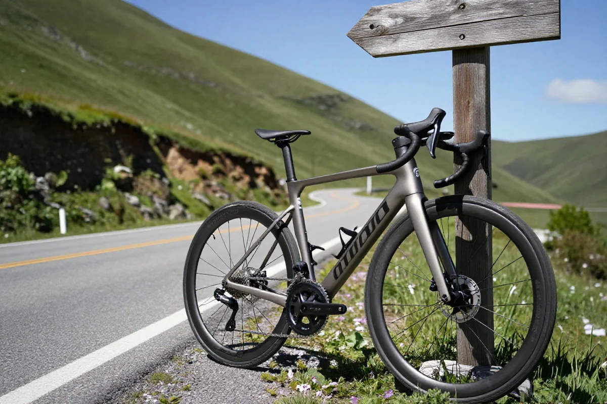 Rower szosowy oparty o znak na górskiej drodze z nachyleniem.