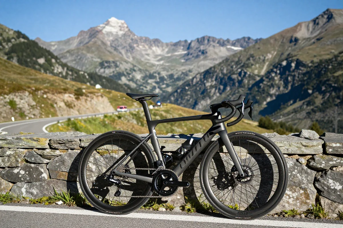 Rower szosowy w Alpach Francuskich z widokiem na góry.