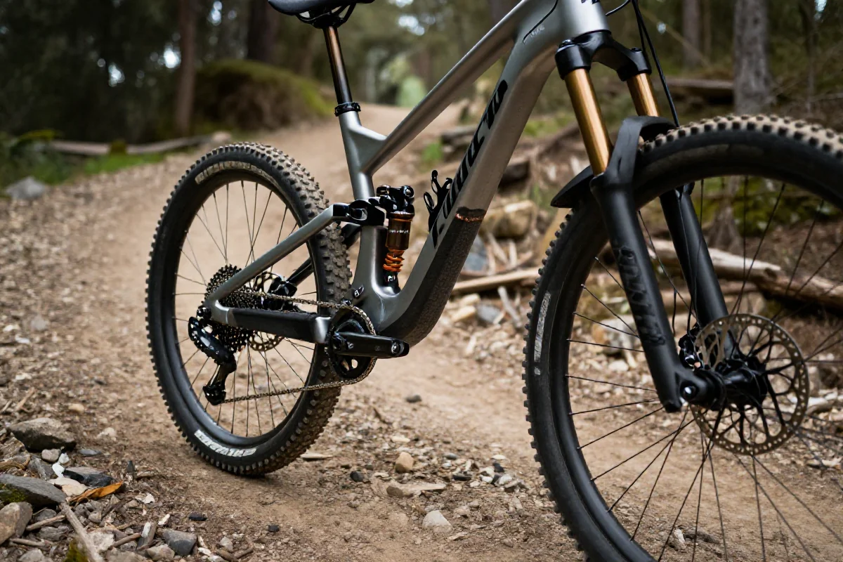 Szczegóły nowoczesnego roweru MTB na szlaku, z widocznymi komponentami i ramą.