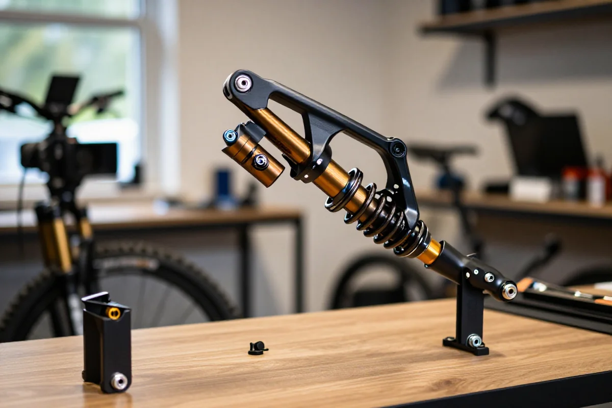 System zawieszenia roweru górskiego na warsztacie, przedstawiający amortyzatory i sprężyny.