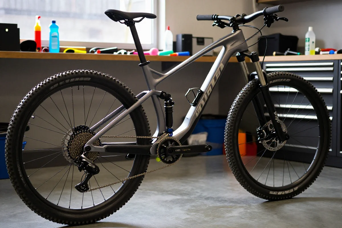 Nowoczesny rower górski w garażu, z widocznymi detalami komponentów.
