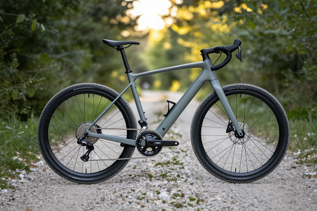 Nowoczesny elektryczny rower gravel na żwirowej ścieżce w otoczeniu zieleni.