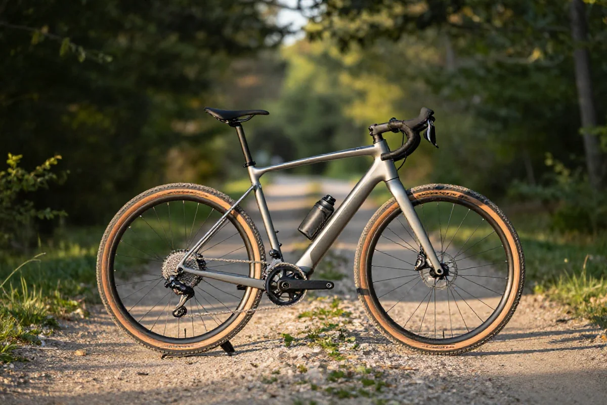 Elektryczny rower gravelowy na szutrowej trasie w lesie.