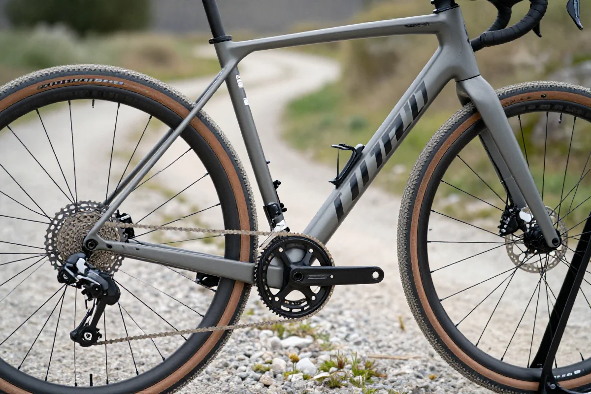 Szczegóły roweru gravelowego na szutrowej drodze, idealnego do wyścigów.