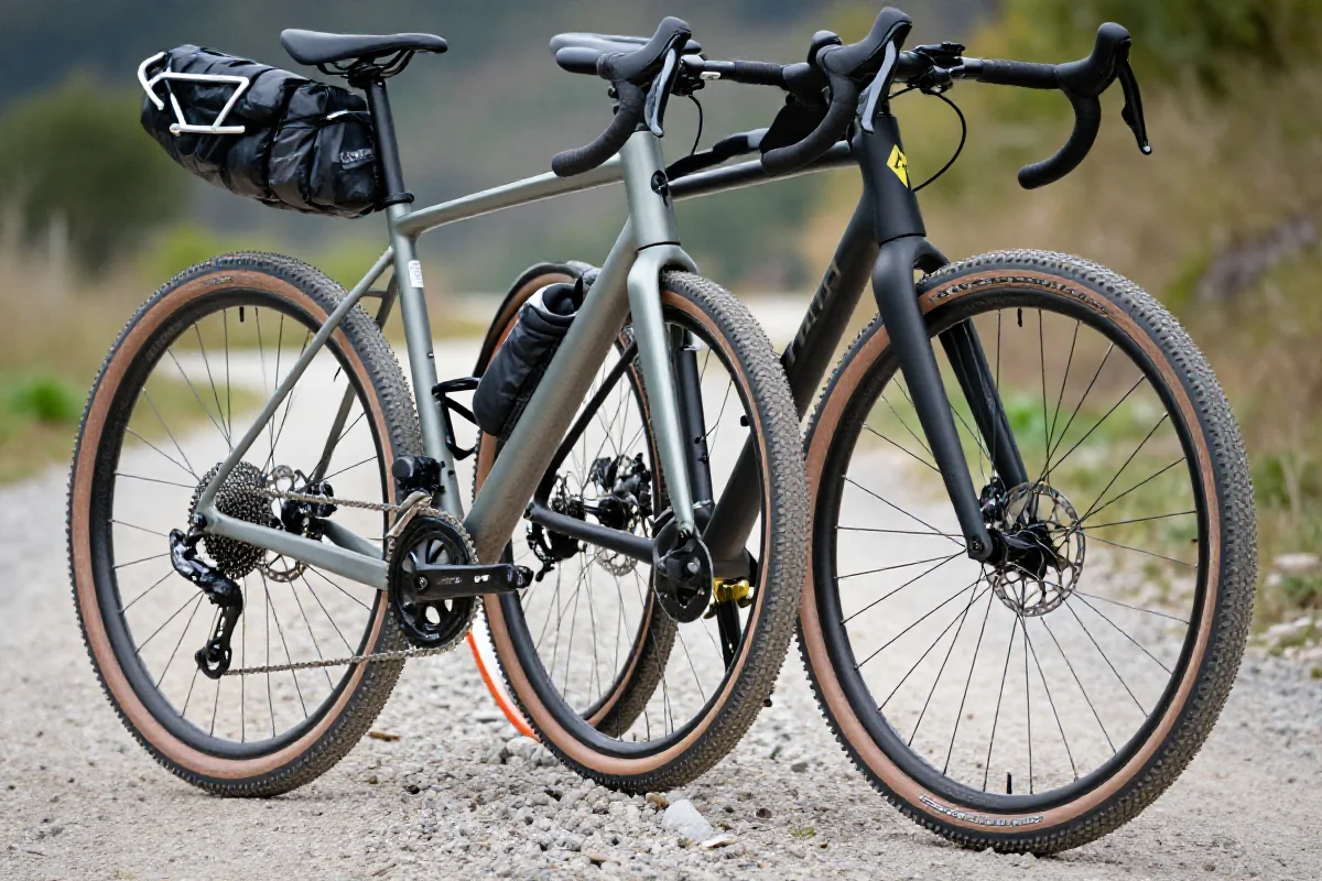 Porównanie roweru gravelowego i cyclocrossowego na ścieżce szutrowej.