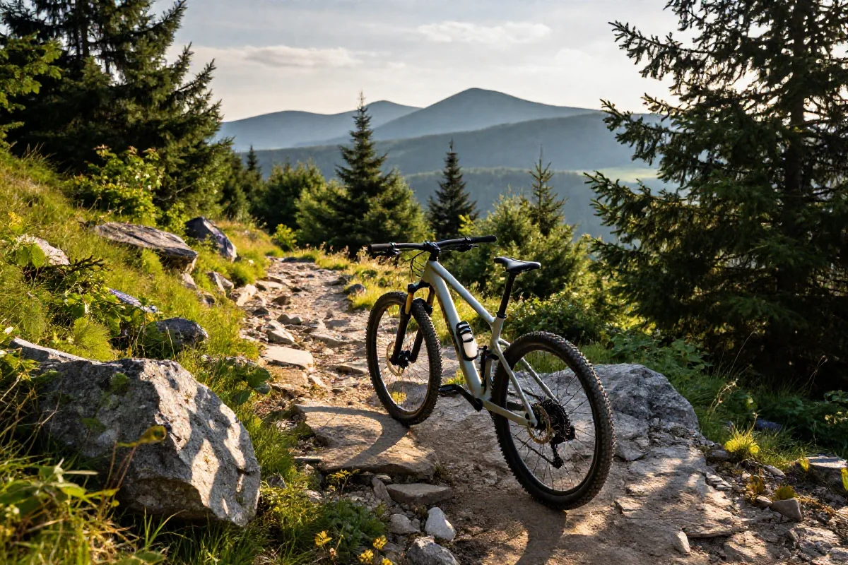 Rower górski na szlaku w Bieszczadach, idealny do kolarstwa szosowego.