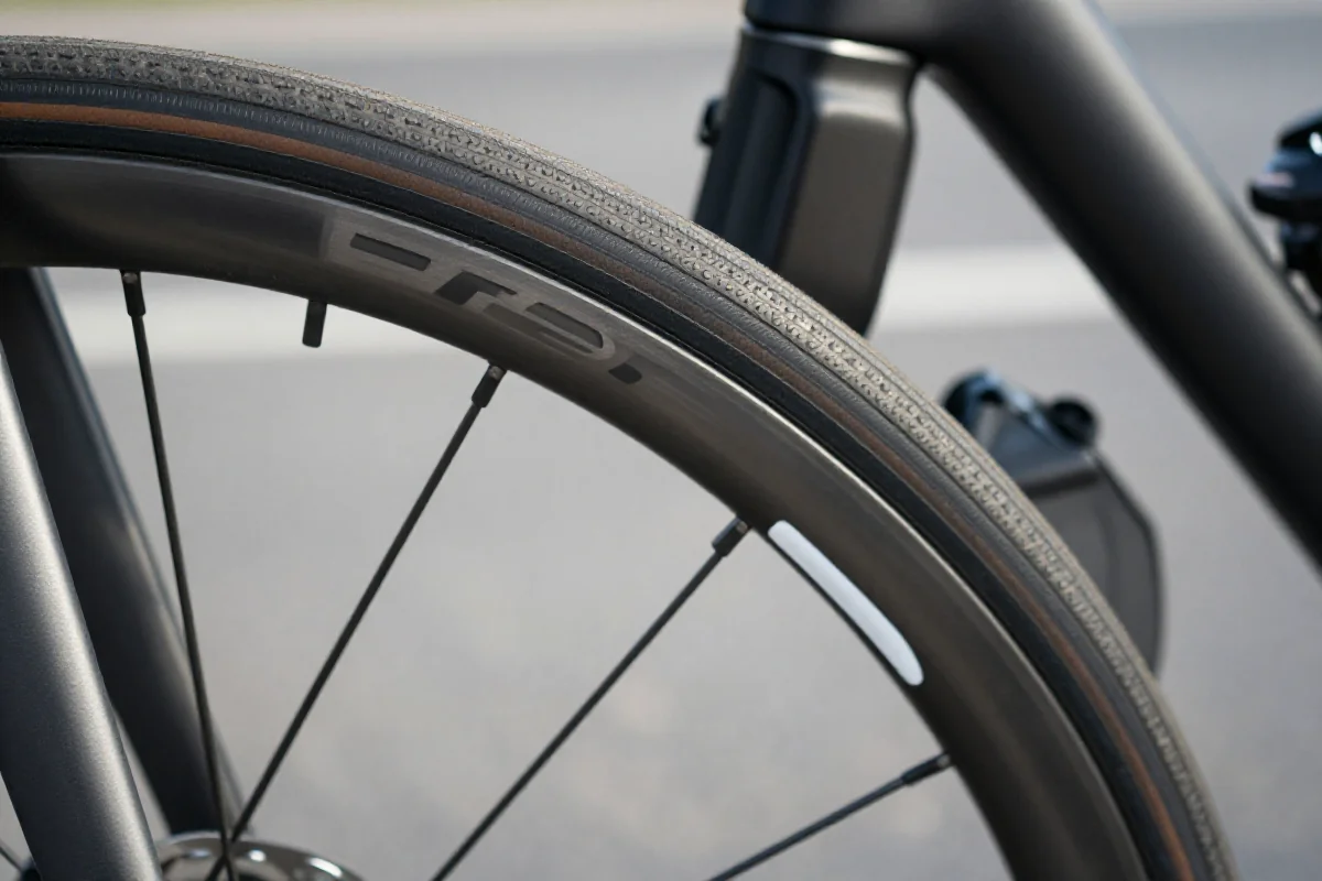 Opona rowerowa z bliska, ukazująca wzór bieżnika i właściwości przyczepności.