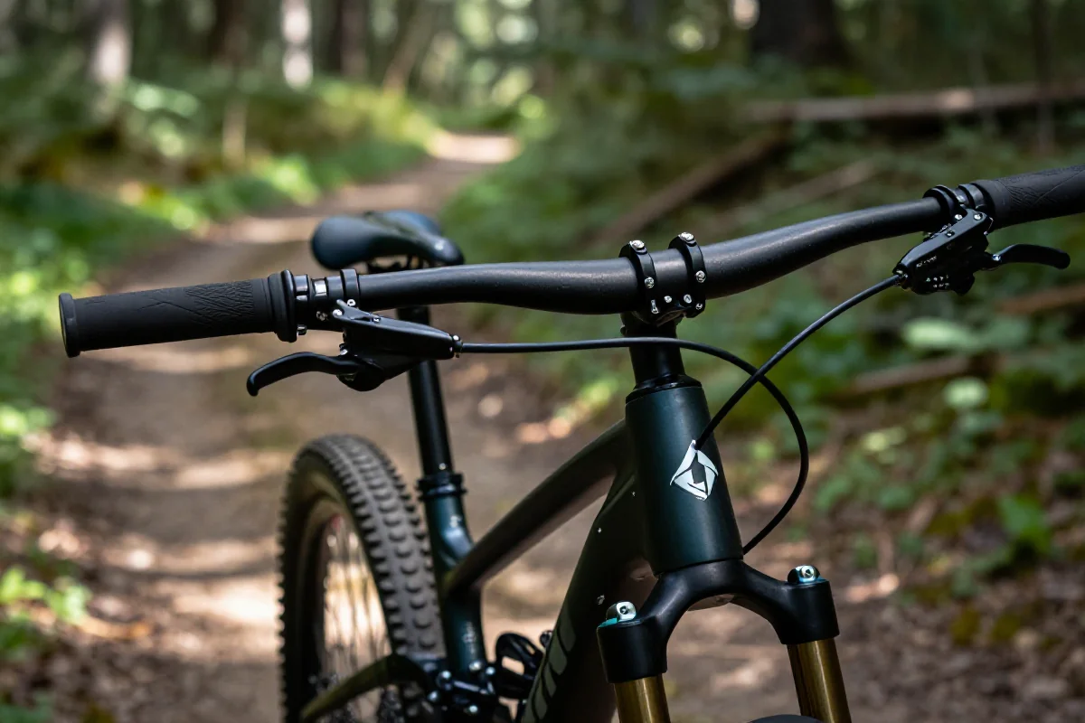 Bliska perspektywa kierownicy roweru górskiego na szlaku leśnym