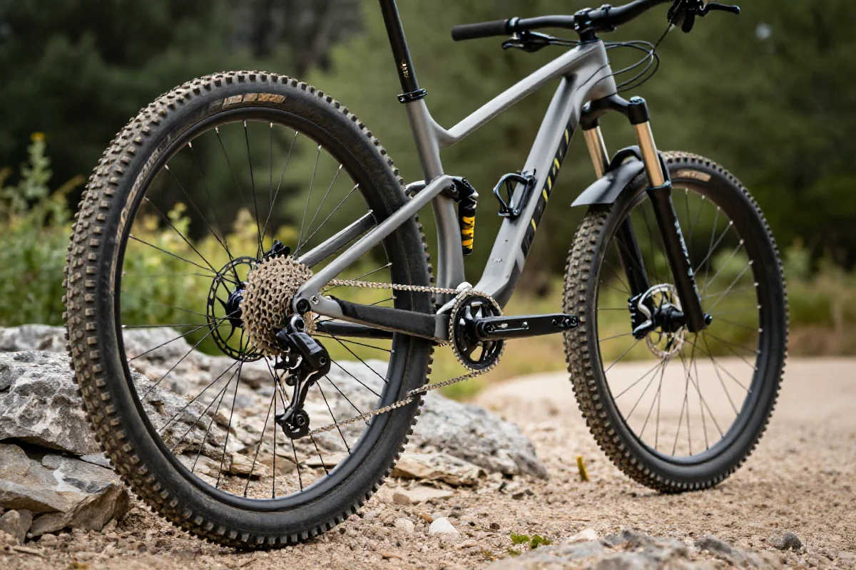 Rower górski na szlaku, pokazujący detale techniczne i terenowe warunki.