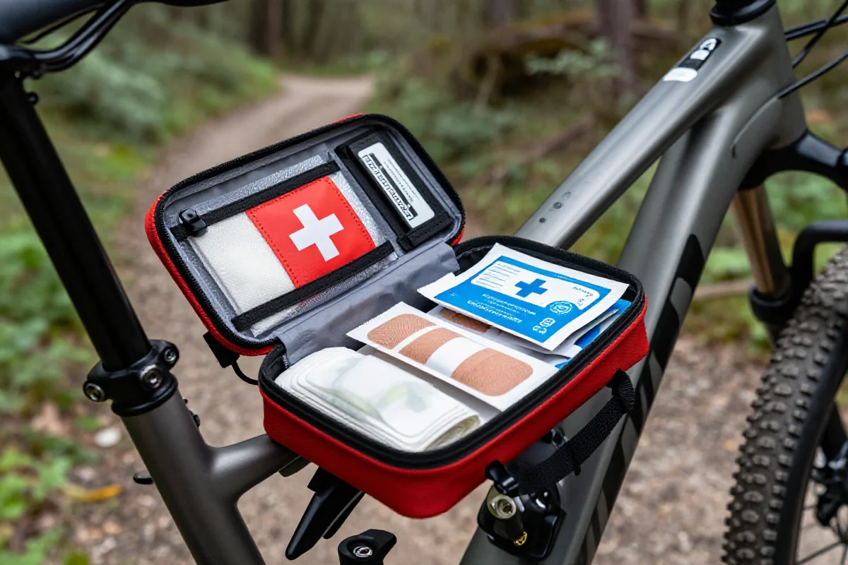Zestaw pierwszej pomocy na ramie roweru górskiego w terenie