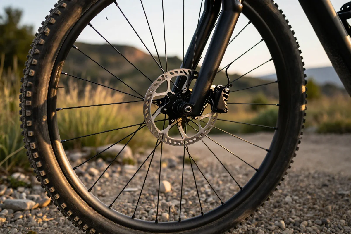 Szczegółowy widok koła roweru górskiego na szlaku, podkreślający elementy bezpieczeństwa.