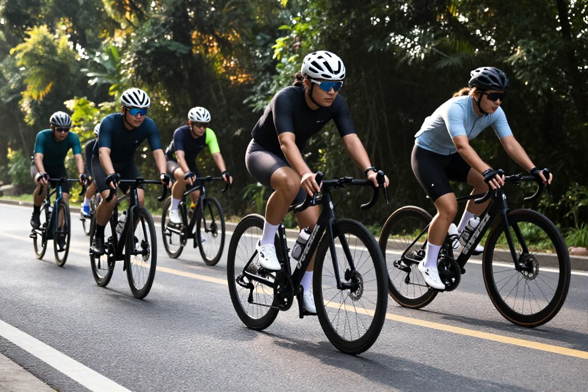 Grupa rowerzystów w jeździe grupowej na malowniczej trasie rowerowej.