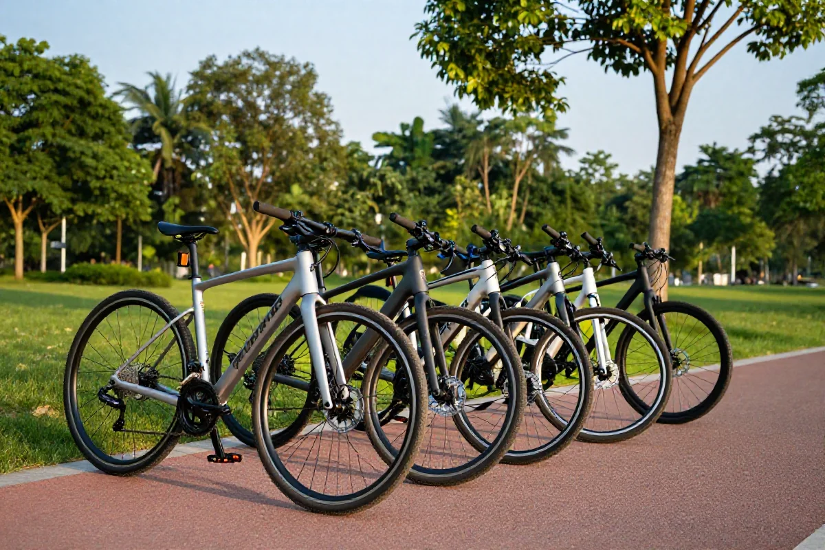 Różnorodne rowery na ścieżce w parku, idealne na wycieczki rowerowe.