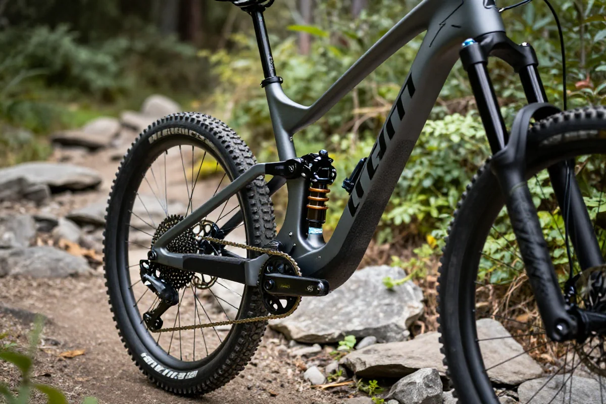 Nowoczesny rower górski z włókna węglowego na szlaku w lesie.