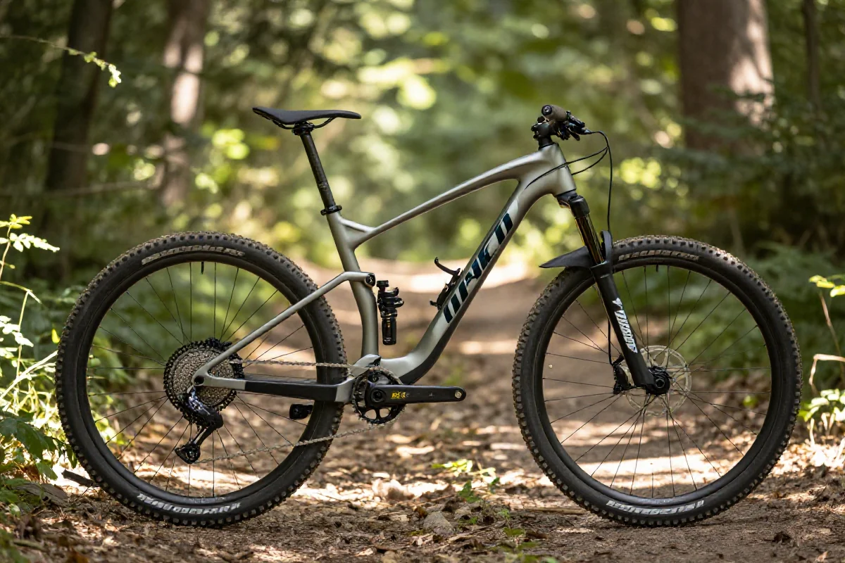 Rama roweru górskiego w lesie, podkreślająca detale konstrukcji.