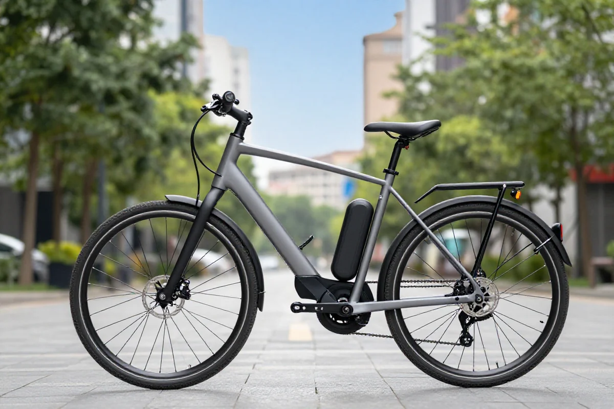 Nowoczesny rower elektryczny z detalami ramy i silnika w miejskim otoczeniu