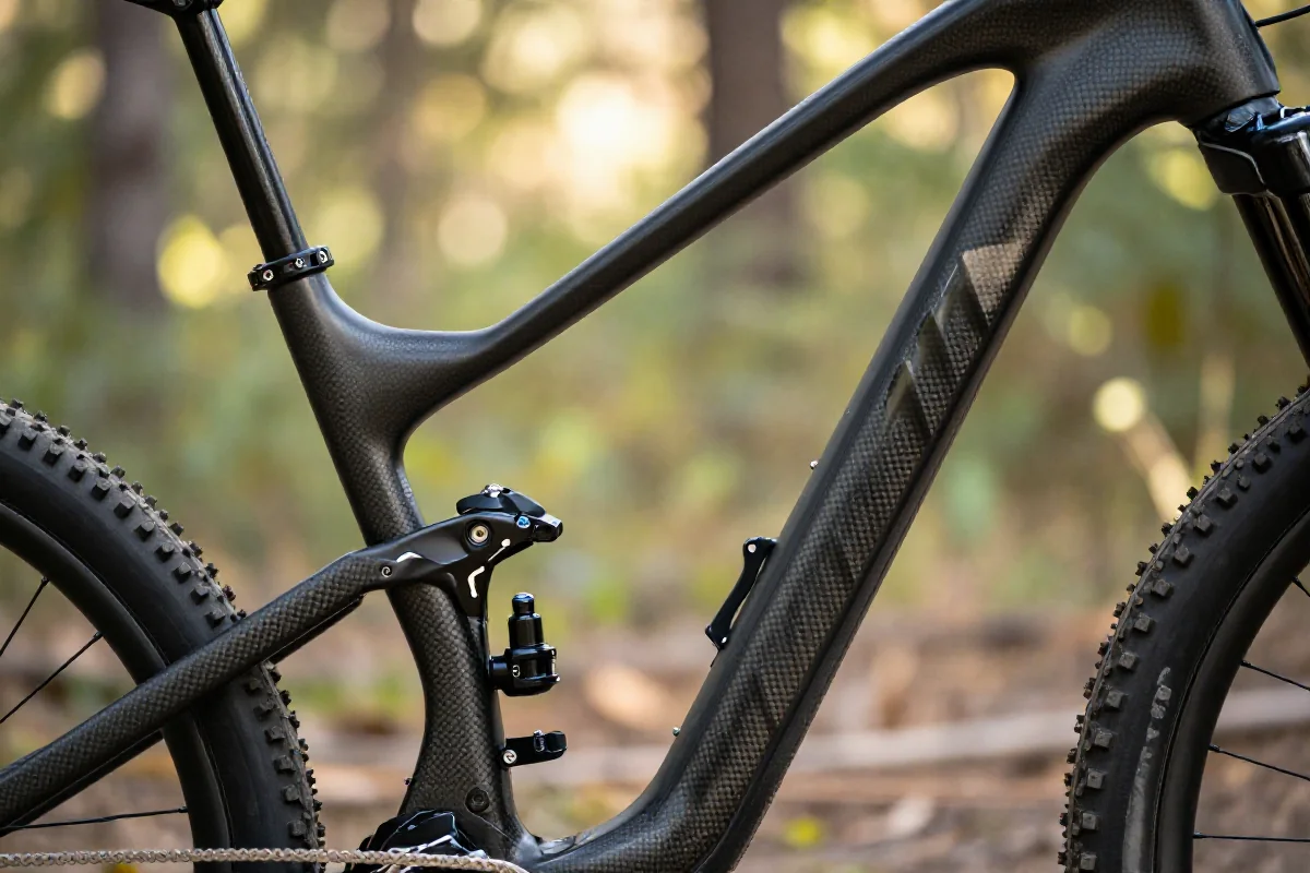 Nowoczesna rama roweru górskiego z włókna węglowego, detale techniczne.