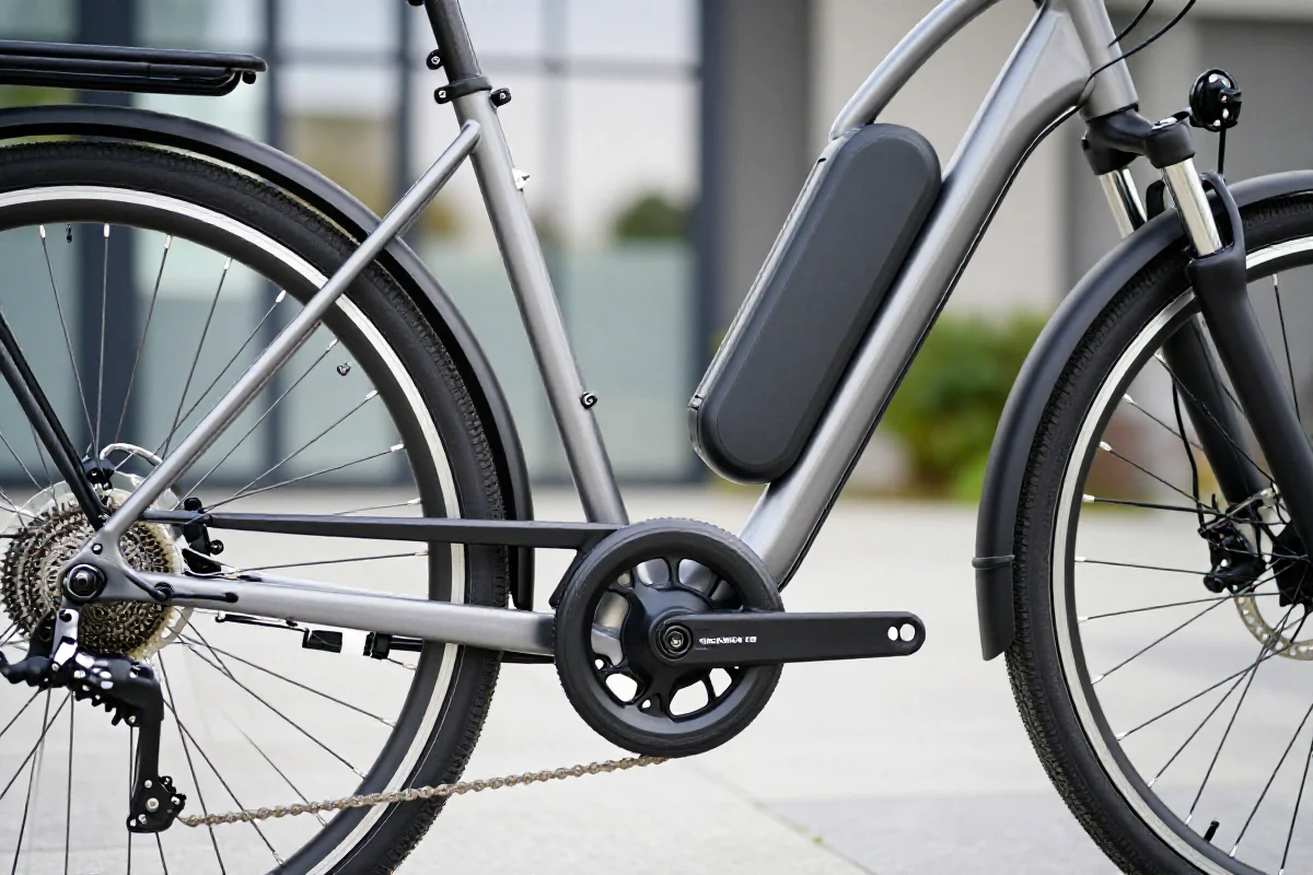 Szczegółowy obraz roweru elektrycznego z widocznymi komponentami i ramą