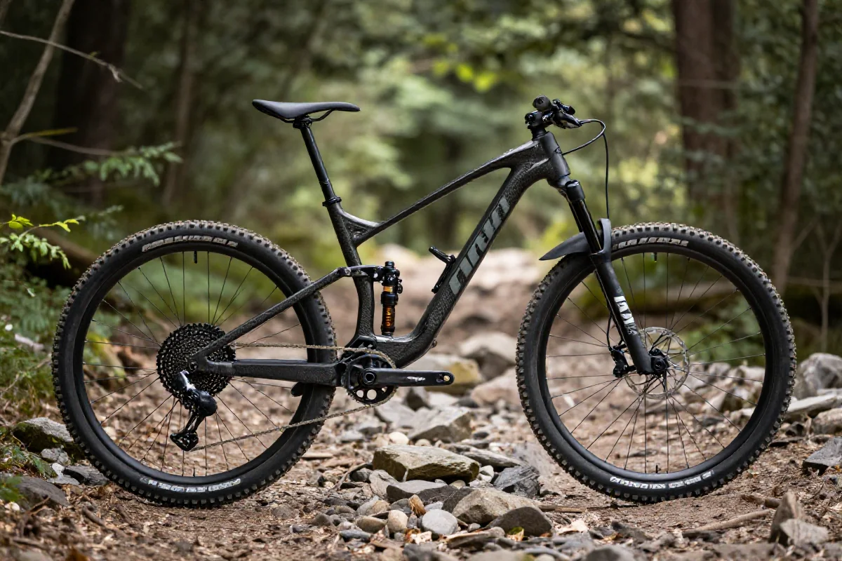 Rama roweru górskiego z karbonu na leśnej ścieżce, szczegóły techniczne.