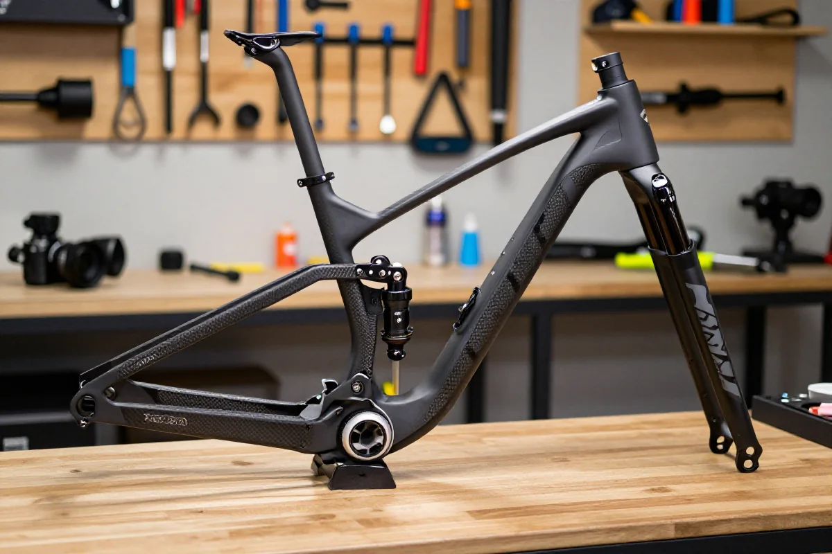 Szczegółowy widok ramy roweru górskiego w warsztacie, podkreślający jakość wykonania.