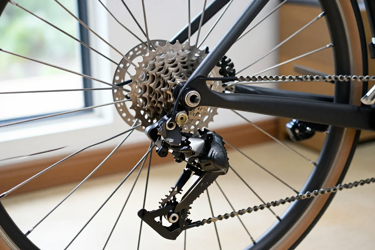 Widok z bliska na tylna przerzutkę i kasetę roweru szosowego.