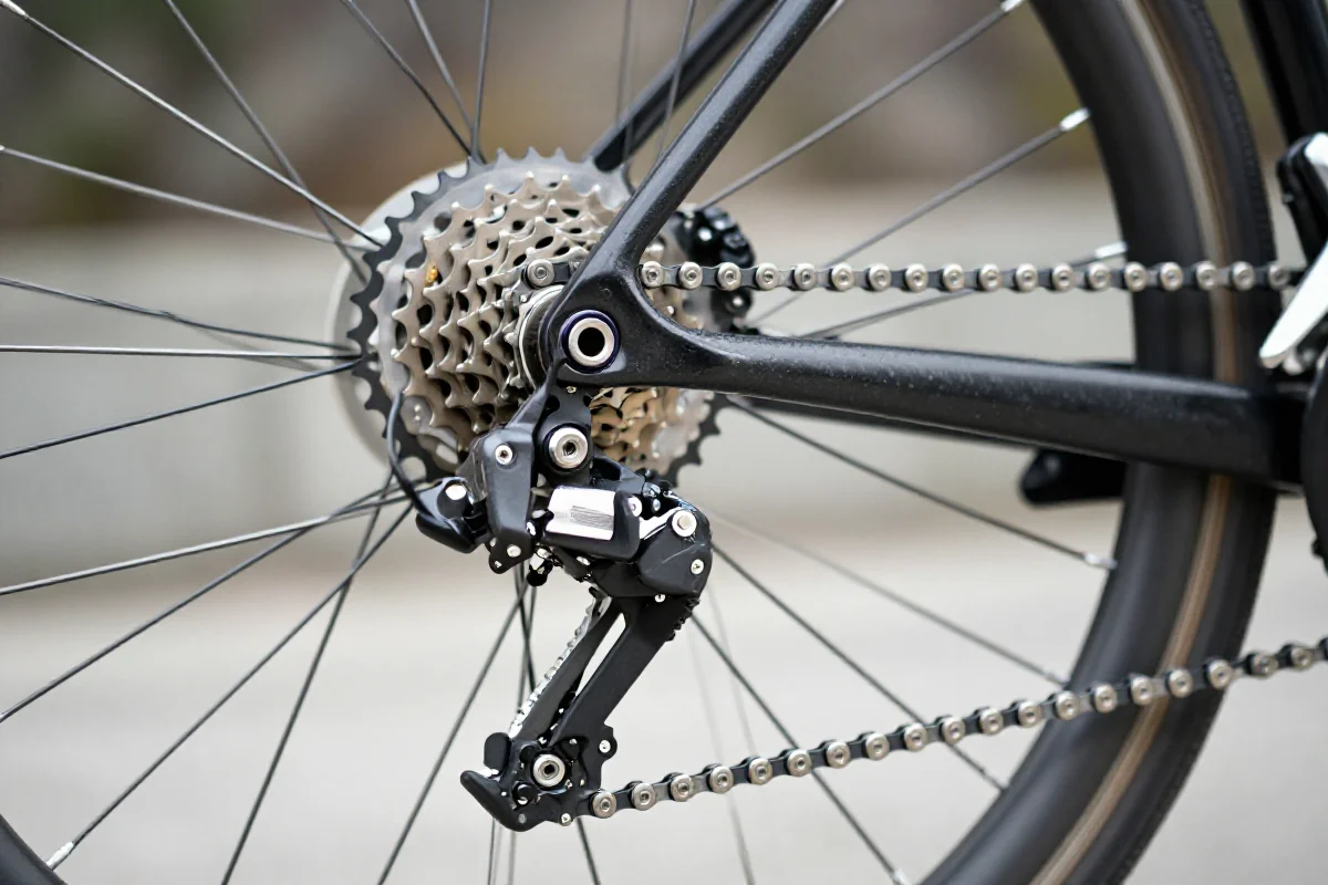 Szczegółowy widok układu napędowego roweru miejskiego z łańcuchem i zębatkami.