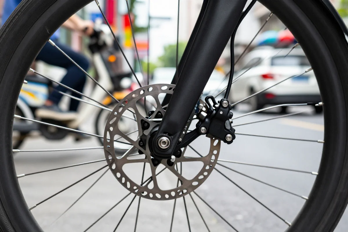 Układ hamulcowy roweru elektrycznego w miejskim ruchu, kluczowy dla bezpieczeństwa.