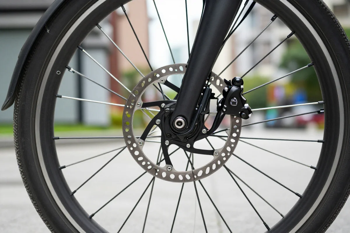 Bliskie ujęcie hamulca tarczowego roweru elektrycznego w miejskim otoczeniu.