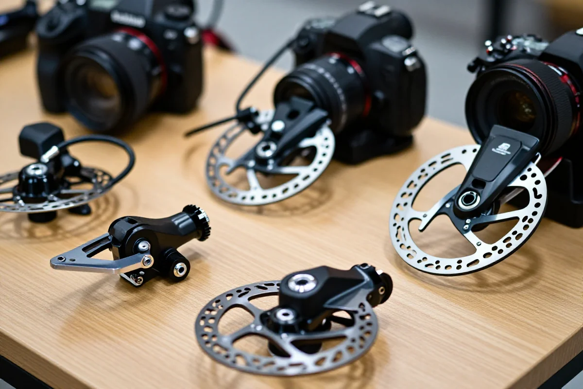 Różne typy hamulców rowerowych, w tym tarczowe i szczękowe.