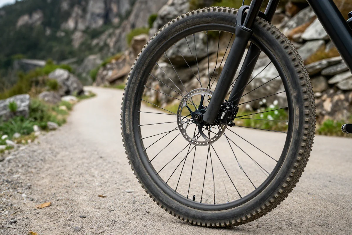 Widok na koło roweru górskiego na zakręcie w górach.