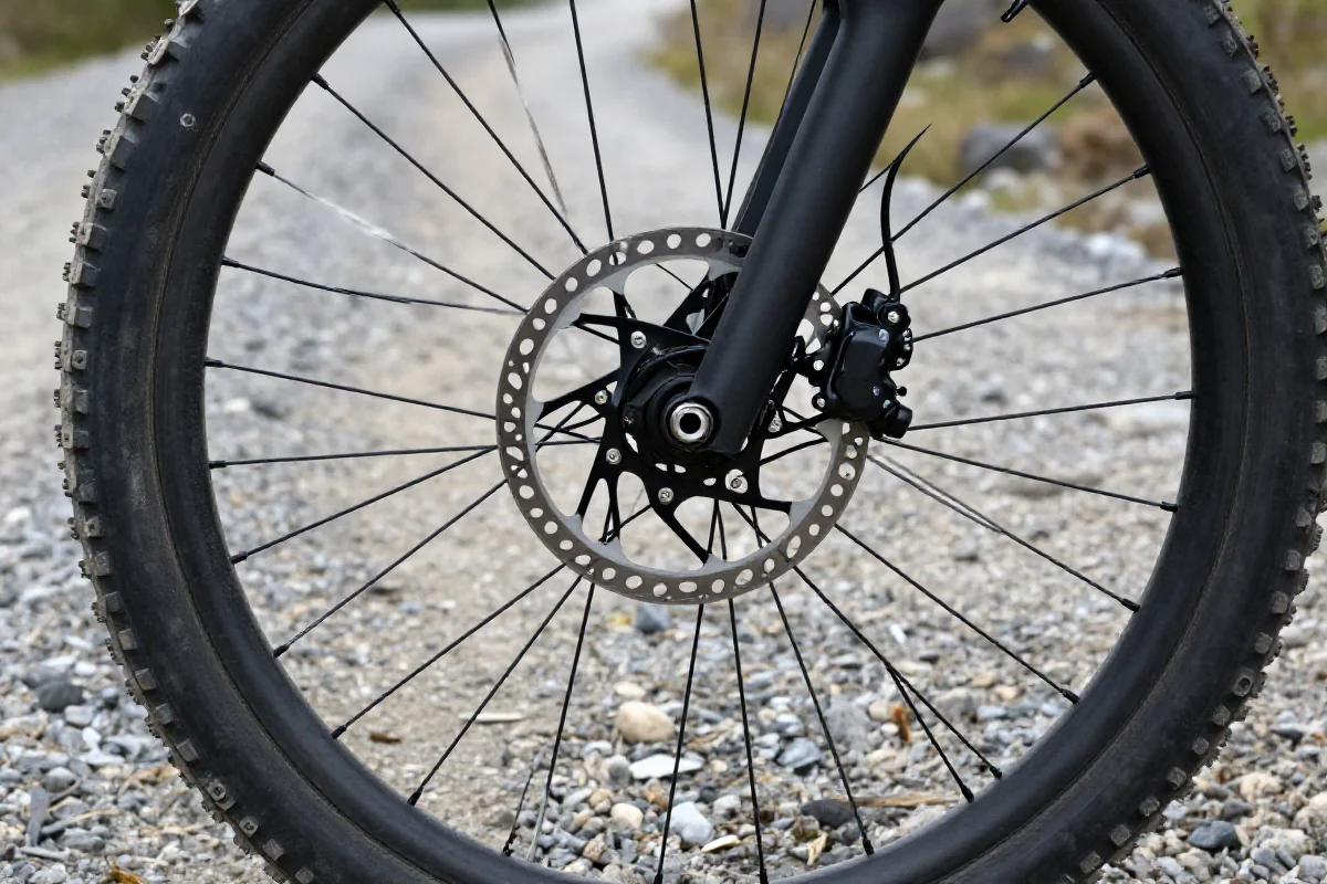 Układ hamulcowy roweru górskiego na luźnym żwirze, technika hamowania.