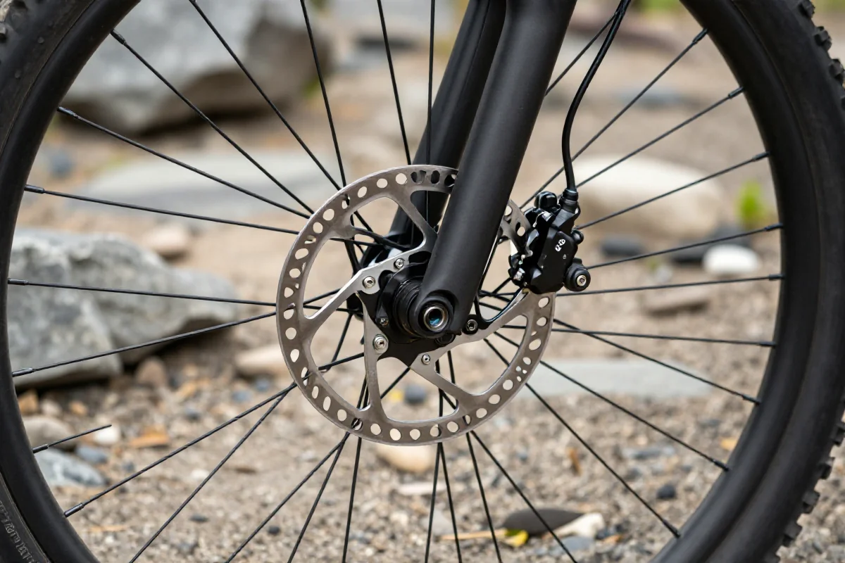 Blokada hydraulicznego hamulca tarczowego roweru górskiego na terenie górskim.