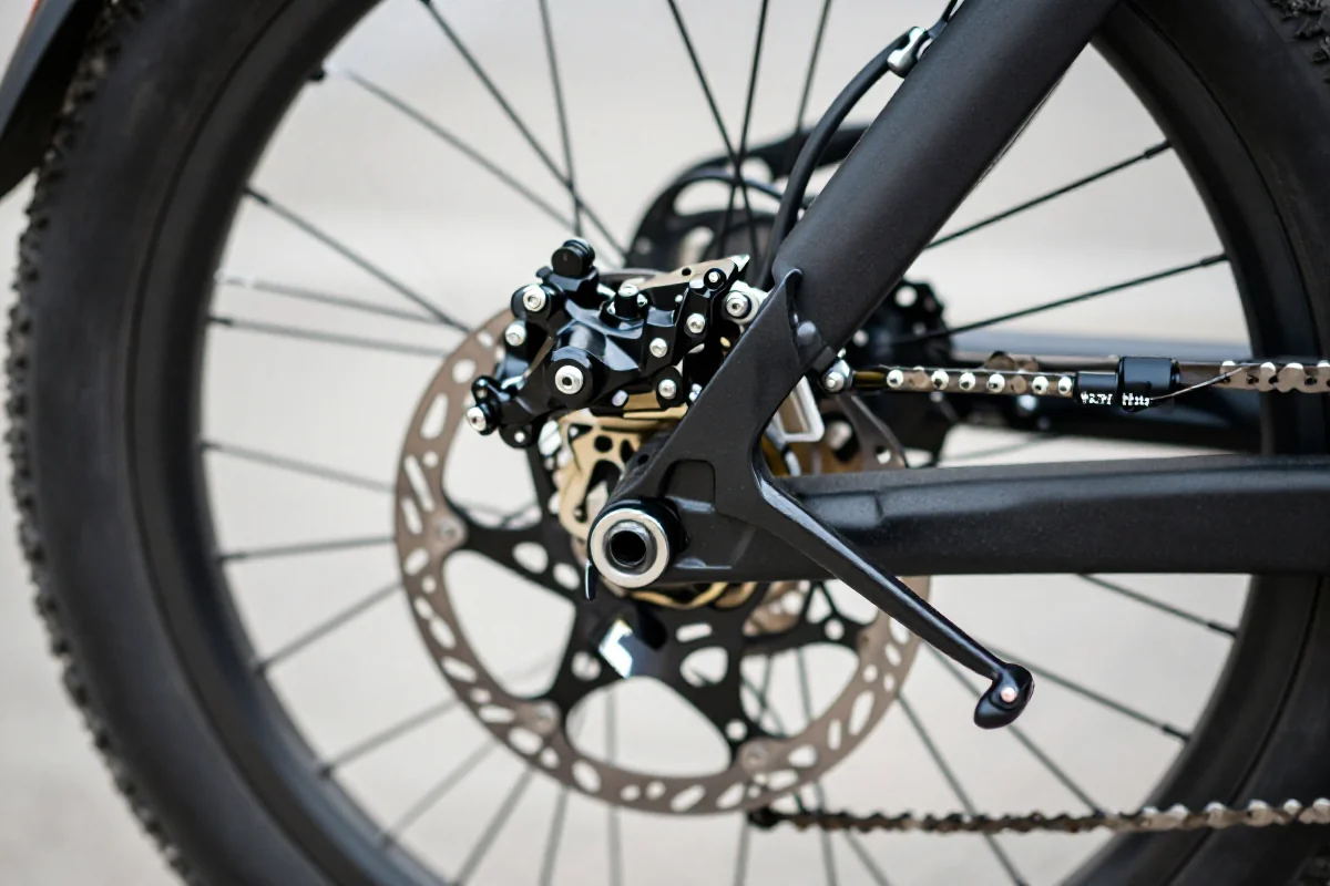 Hydrauliczne hamulce w rowerze elektrycznym, z widocznymi komponentami systemu.