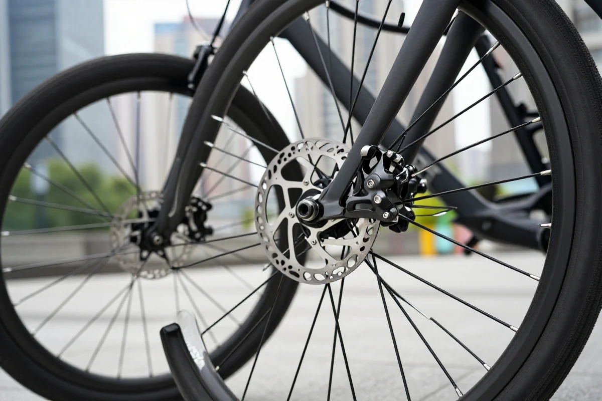 Rower miejski z hamulcami obręczowymi i tarczowymi na tle miejskim.