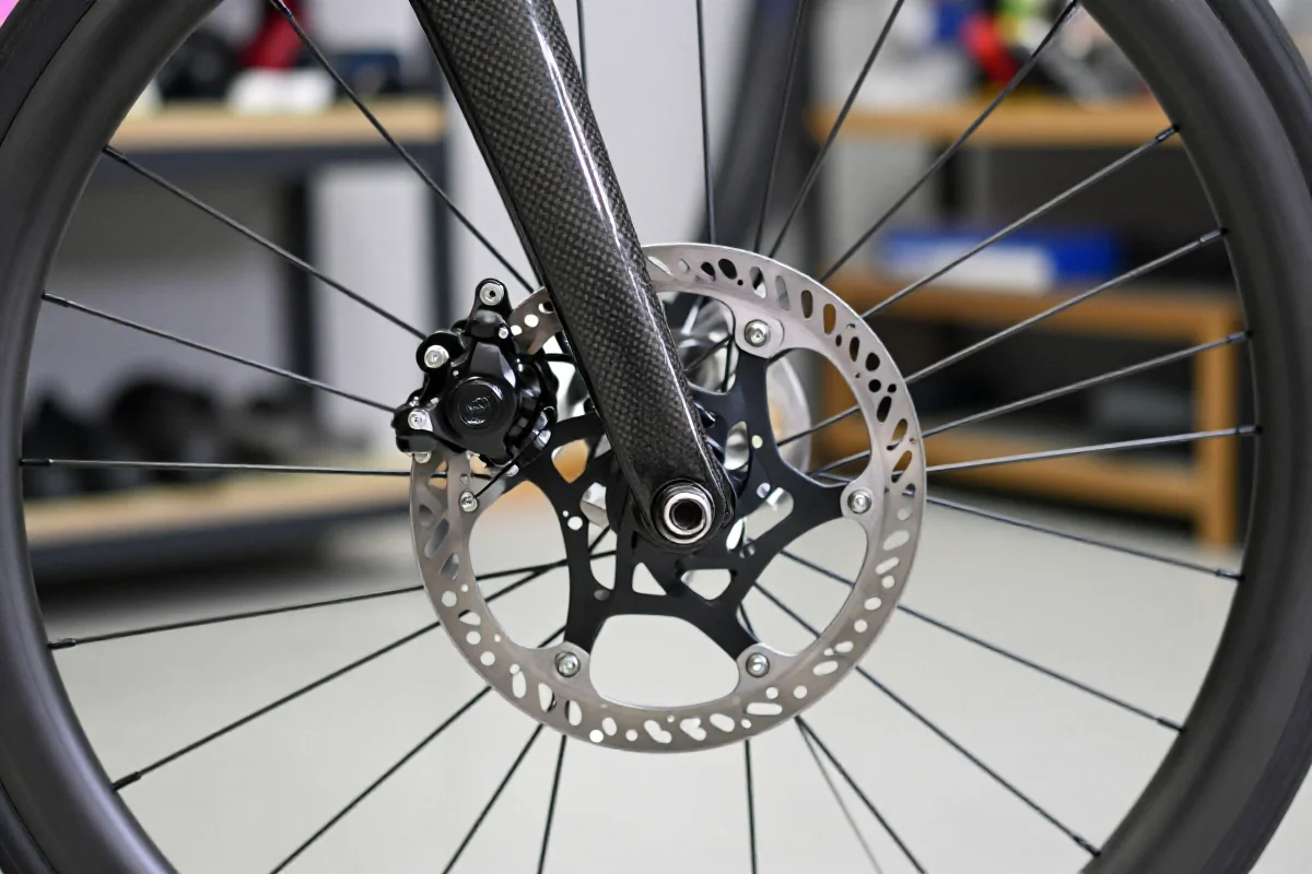 Hamulce tarczowe roweru szosowego z bliska, przedstawiające szczegóły komponentów